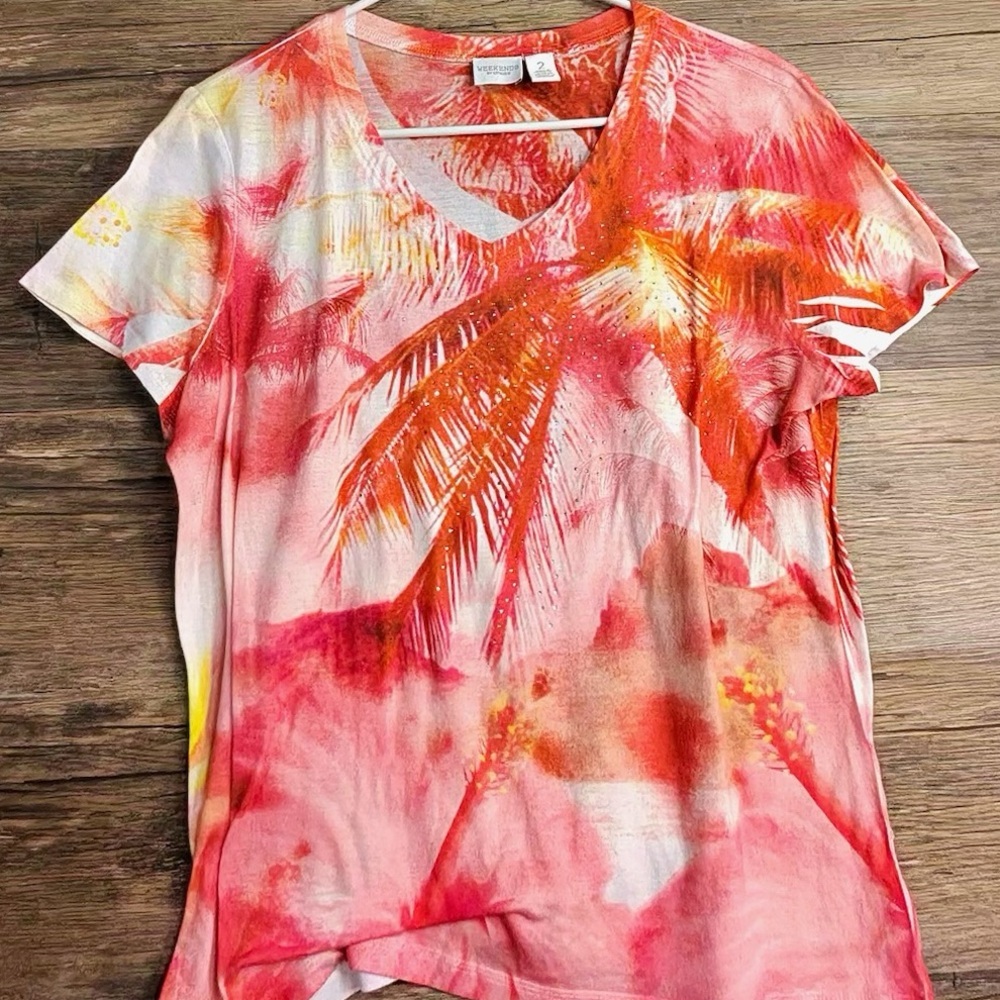 Chico's Vivid Palm Print Tee - Red, Orange, and Yellow